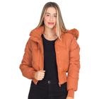 Jaqueta Feminina Curta Puffer Nylon Peluciada Com Capuz Lisa