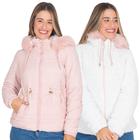 Jaqueta Feminina Dupla Face Nylon Peluciada Com Capuz Lisa