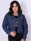 Jaqueta Feminina Jeans Escuro com Aplicação de Rebite