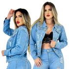 Jaqueta Jeans Feminina Cropped Destroyed Lavagem Clara Manga Longa