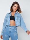 Jaqueta jeans trucker cropped com detalhe em brilho