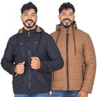 Jaqueta Masculina Dupla Face Sarja Puffer Com Capuz E Bolsos