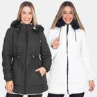 Jaqueta Parka Feminina Dupla Face Nylon Peluciada Com Capuz