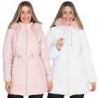 Jaqueta Parka Feminina Dupla Face Nylon Peluciada Com Capuz