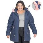 Jaqueta Parka Feminina Sarja Plus Size Peluciada Capuz Bolso