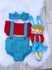Jardineira body Romper Bebe Menina Poa Circo Vermelho C Tiara Mesversario