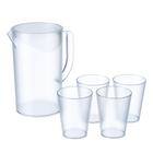 Jarra com Tampa de Suco Água 2 Litros Plástico e Jogo de 4 Copos 300ml Cristal Coza Brinox