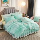 JAUXIO Luxo Long Faux Fur 3 PCS Roupa de cama Conjunto Salsicha Edredom Cobertura com Almofada Shams Ultra Soft Crystal Velvet Reverse (Queen, Aqua)