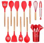 Jogo 12 Colheres De Silicone Cabo Madeira Utensílios Cozinha Top