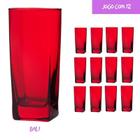 Jogo 12 Copos Vidro Bali Quadrado Luxo 320ml Vermelho