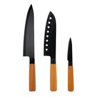 Jogo 3 Facas do Chef, Japonesa e Legumes Inox Premium Wood Black Cabo Madeira - Tuut