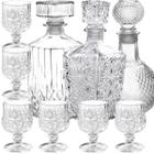 Jogo 3 Frascos Vidro Licoreira + 6 Mini Cálices Cristal Lapidada Whisky Licor Decoração