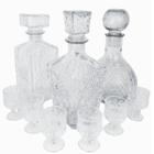 Jogo 3 Frascos Vidro Licoreira + 6 Mini Cálices Cristal Lapidada Whisky Licor Decoração