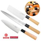 Jogo 3 Peças Facas Japonesas Aço Inox 7 e 8 pol Cutelo Santoku Yanagui Multiuso Para Sushi Sashimi Peixe Carne Legumes