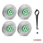 Jogo 4 Calota Centro Roda Ferro VW Amarok Aro 14 15 5 Furos Prata Emblema Verde + Chave de Remoção