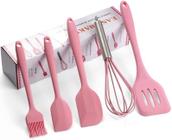 Jogo 5 Colheres De Silicone Cabo Inox Utensílios Cozinha - ROSA