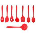 Jogo Colheres Utensílios Silicone Maciço Vermelho 8 Peças