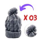 Jogo com 03 Touca de Frio com Pompom Cor Cinza Confortável