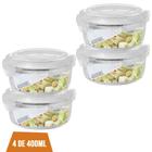 Jogo com 4 Pote 400ml Vidro Marmita Fitness Tampa Hermético