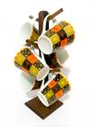 Jogo conjunto Xícaras 240 Ml Café Chá 6 caneca quadriculada laranja Porcelana 1 suporte de madeira