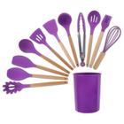 Jogo de Cozinha 12 Peças Madeira Silicone Concha Escumadeira Colher Pegador Espatula Fouet Talheres Preparo Utensilio Refeiçao Apoio Suporte Armazena