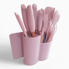 Jogo de Cozinha 19 Utensílios de Silicone e Madeira com Tábua de Corte Porta Talher Oval - Rosa - Bali