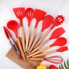 Jogo de Cozinha Kit C/12 Peças de Silicone Utensílios e Copo Suporte para Cozinha Cabo de Madeira Decoração