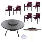 Jogo de mesa alumínio centro giratório com ombrelone e 6 cadeiras corda náutica - Sarah Móveis