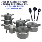 Jogo de Panela Preto Craqueado 6 peças + Panela de Pressão 4,5L + 3 Talheres Nylon Kit com 10 Peças