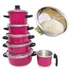 Jogo de Panela Rosa Pink 5 Pçs Fervedor n 12 Escorredor Inox de Arroz