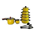 Jogo de Panelas Aluminio Amarelo 5 pçs + fervedor nº12 1 Litros + Panela de Pressão 4,5 litros + Kit ESpatulas