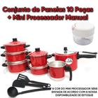 Jogo de Panelas Aluminio Vermelho 5 pçs + Mini Processador 170 ml + Fervedor nº12 1 L + Panela de Pressão 4,5 L + Kit Espatulas