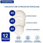 Jogo de Pratos Raso Fundo e Sobremesa Tramontina Rústico Marrom Porcelana Decorada 12 Peças