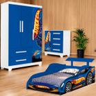 Jogo De Quarto Carro Azul Infantil StockCar Bebe Menino corrida Guarda roupa Cama Solteiro Cômoda