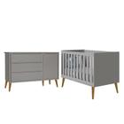Jogo de Quarto Infantil Theo Retrô Cômoda 1 Porta e Berço Cinza com Pés Amadeirado - Reller Móveis