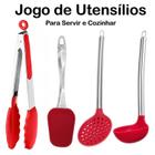 Jogo de Talheres Silicone - Cozinhar e Servir com Cabo de Inox - Espátula Concha Espumadeira Pegador alimentos - PANAMI