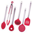 Jogo de Utensílios de Cozinha Silicone Vermelho Cabo Aço Inox 6 Peças