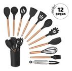 Jogo Kit 11 Utensílios Silicone Preto Cozinha Colher Pegador Concha Espátula Pincel