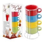 Jogo Kit 4 Xícaras De Café Chá 210ml Cerâmica Coloridas Com Suporte