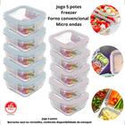 Jogo Kit 5 Potes Vasilhas Vidro C/Tampa Hermético Marmita Fitness 310ml Freezer Forno Micro ondas