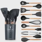 Jogo Kit C/12 Peças Utensílios De Cozinha Colheres Espatula Silicone Cabo Madeira