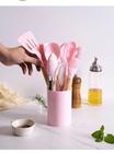 Jogo Kit Colheres De Silicone Cabo De Madeira 12 Peças Utensílios Cozinha Decoração Livre BPA ROSA - ROSA 12PCS