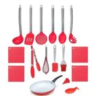 Jogo Kit Colheres De Silicone Utensílios 17 Peças Frigideira 24cm Vermelho Cozinha