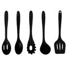 Jogo Kit Colheres Utensílios Silicone Maciço Preto 5 Peças