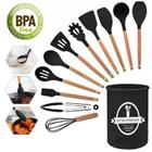 Jogo Kit Com 12 Peças Utensílios De Cozinha Colheres Espatulas Pegador Silicone Com Copo Suporte