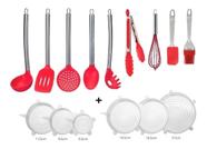 Jogo Kit Utensílios Colheres Silicone Vermelho 15 Peças Cozinha Utensílios Tampa