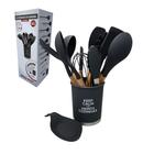 Jogo Kit Utensílios de Cozinha Silicone Cabo de Madeira 13 Peças - Preto