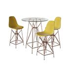 Jogo Mesa Bistrô Eames Vidro 60cm 3 Banquetas Amarela Base Ferro Cobre