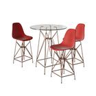 Jogo Mesa Bistrô Eames Vidro 60cm 3 Banquetas Vermelha Base Ferro Cobre