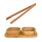 Jogo petisqueira de bambu 3 peças gamela retangular pinça reta grande 36cm pegador salada alimentos